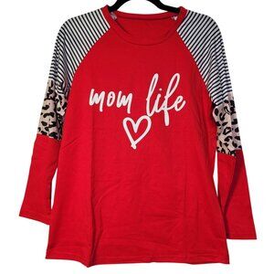Woffccrd Women Mom Life Leopard & Striped Long Sleeve Red Shirt Small New